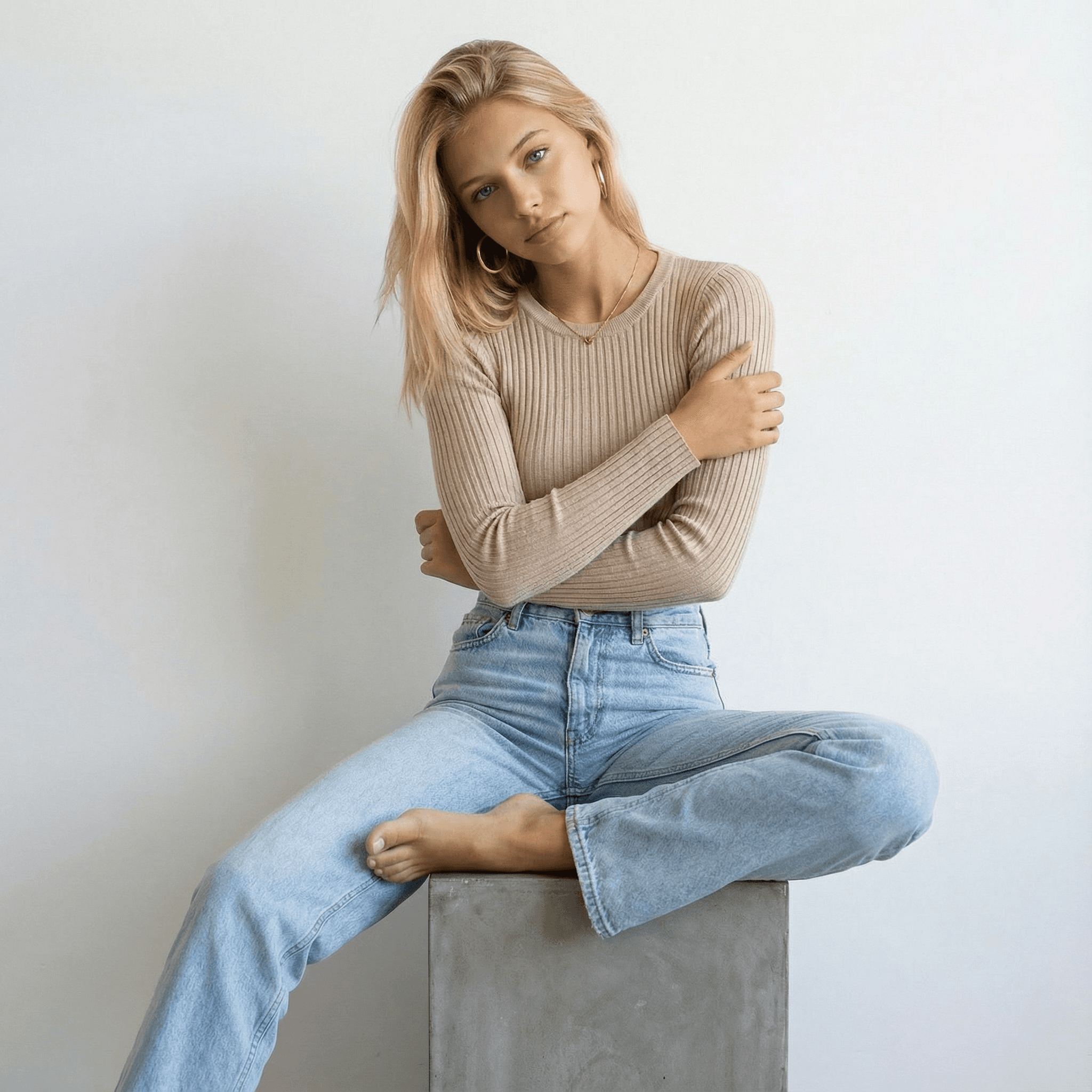 KI-Model in brauner Pufferjacke und schwarzen Leggings auf ruhiger Straße, herbstliche Bäume im Hintergrund und sanftes Tageslicht