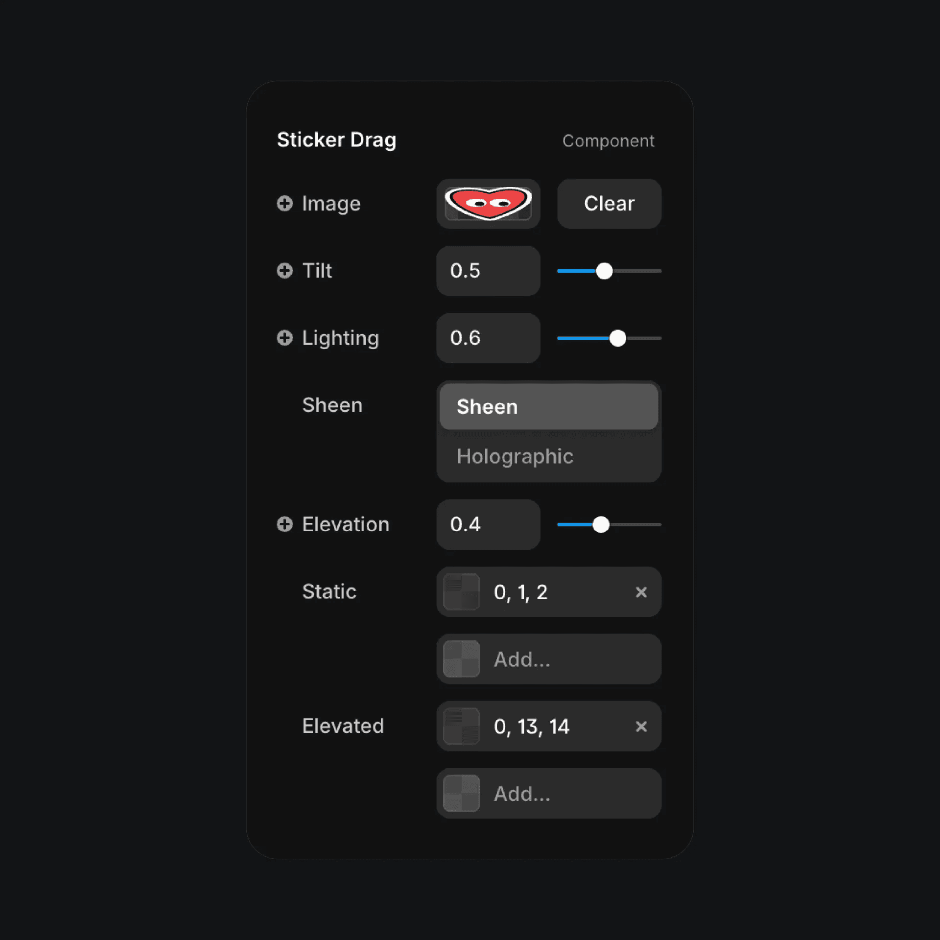 Sticker Drag component settings panel with sliders