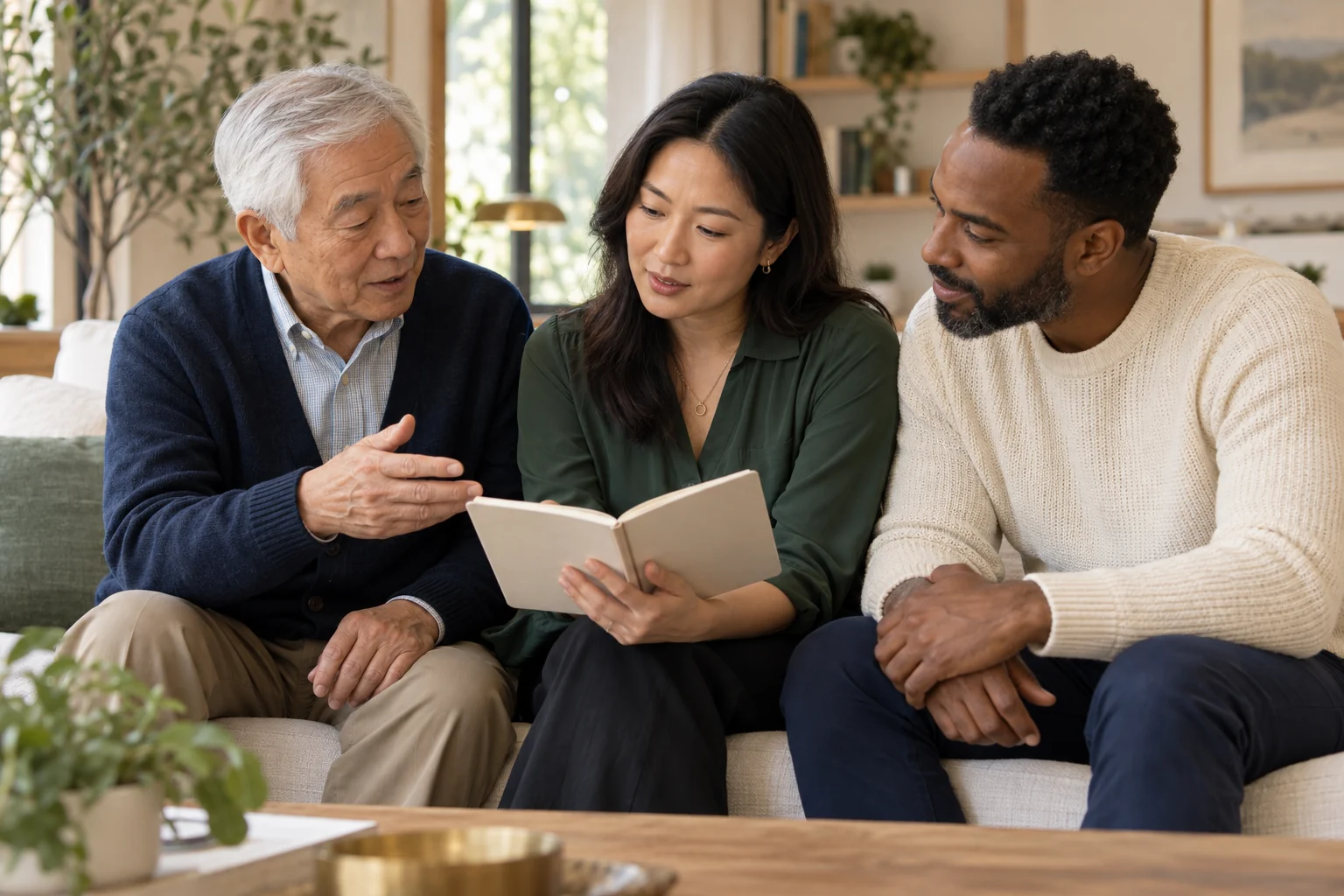 A family sharing a supportive conversation at home