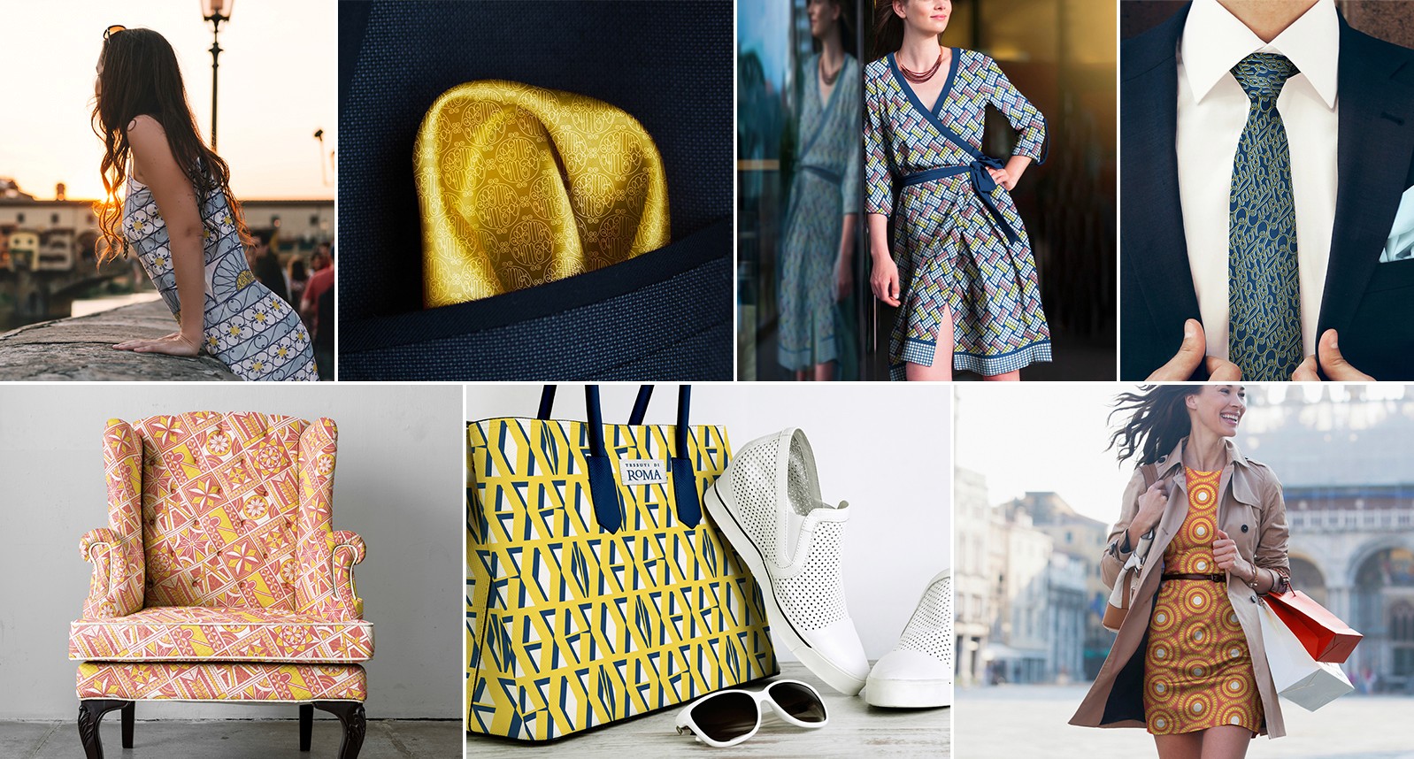 Photos containing women, a man's suit, a tie, an armchair, a woman's bag with glasses and shoes.