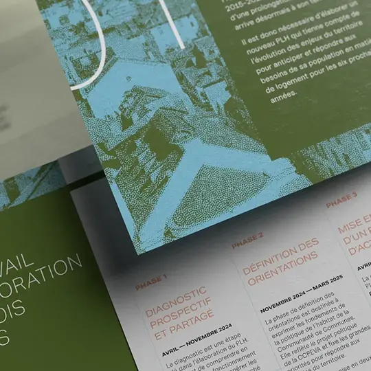 Zoom sur une mise en page d'un document qui traite du logement à Évian. Des couleurs vibrantes et des images dans un style pointillistes.