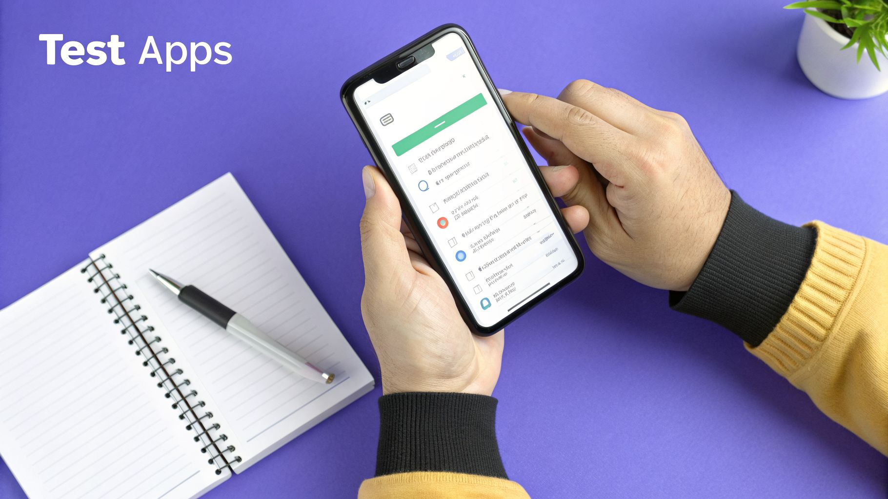 Hands holding a smartphone displaying a test app list, with a notebook and pen nearby.