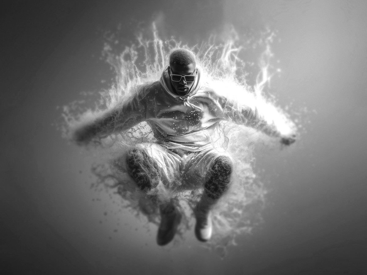 Black-and-white image of a masked person suspended in midair, surrounded by bright, splash-like energy or smoke, with arms outstretched and knees bent.