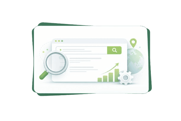 Minimalistic illustration of a search engine with a search results page, magnifying glass, globe, and growth chart inside a white card with green border, representing how search engines work.