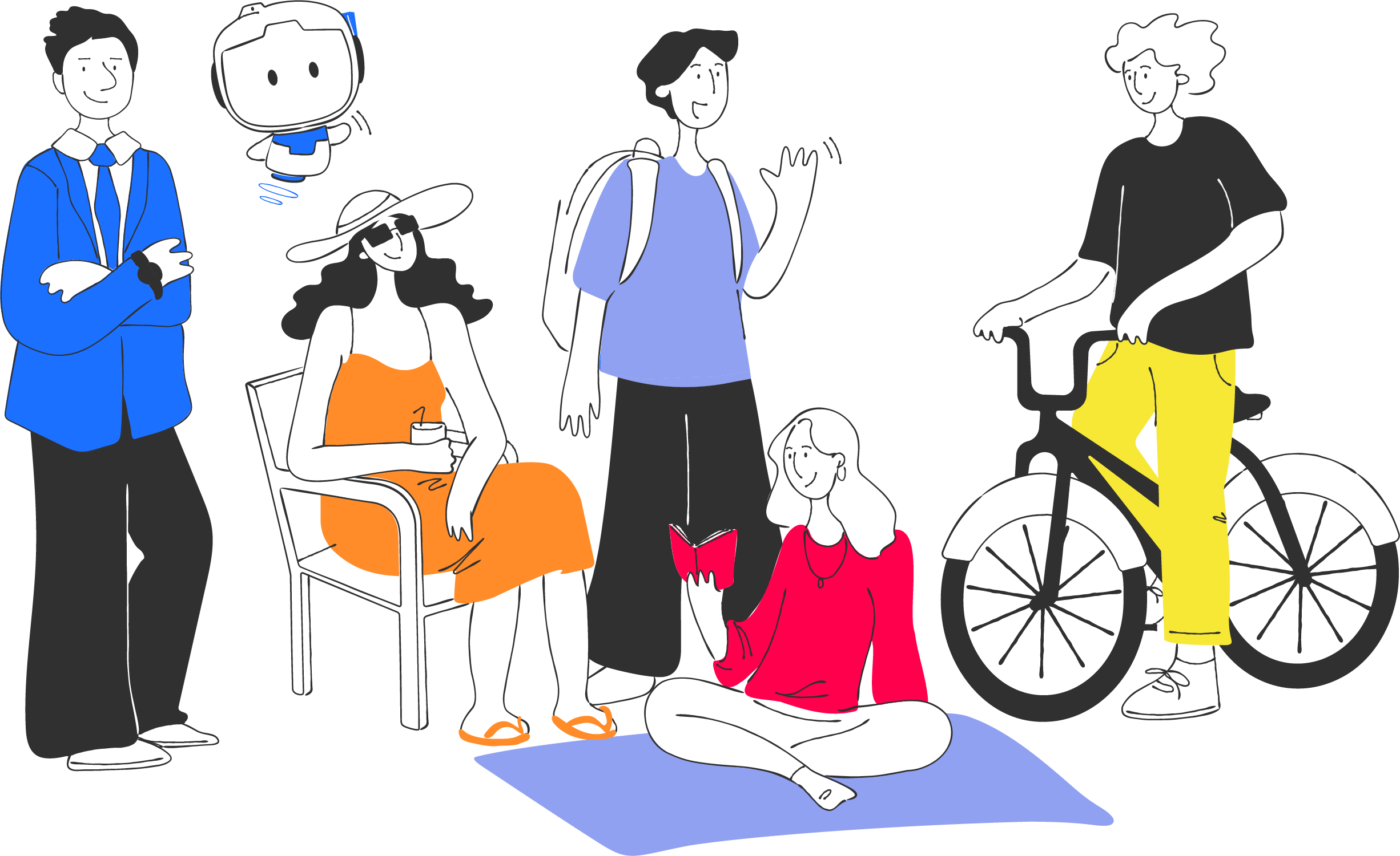 Ilustração de Danilo Pardi, advogado responsável pela DevolveAI, ao lado do mascote da plataforma e de pessoas de diferentes perfis e estilos de vida, representando a diversidade de brasileiros que a empresa se propõe a ajudar na recuperação de valores perdidos em golpes digitais.