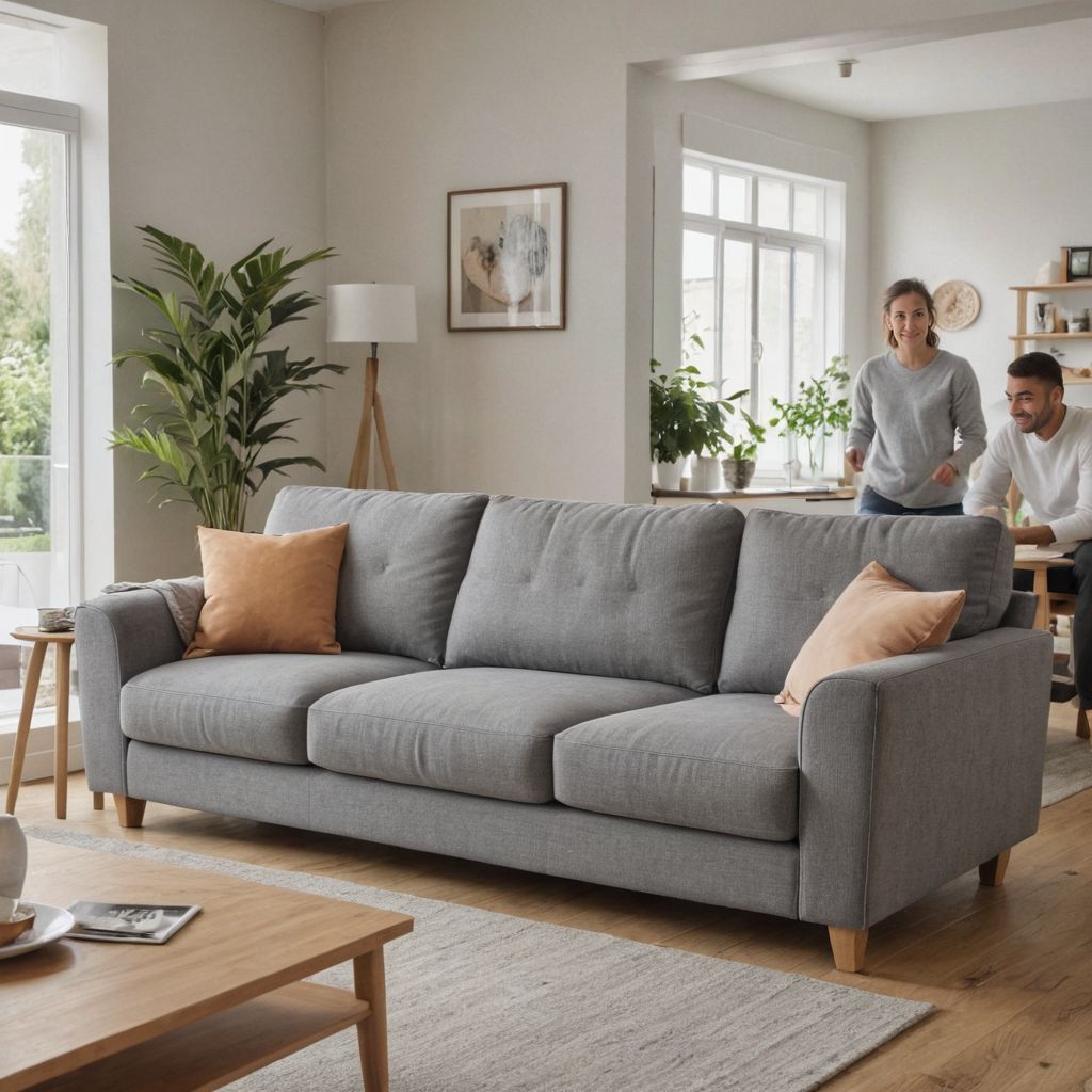 Grey sofa with a couple in the background, lifestyle photo made with Caspa AI
