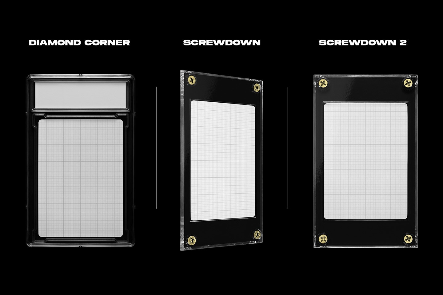 Trading card case mockups diamond corner and screwdown card holder variations