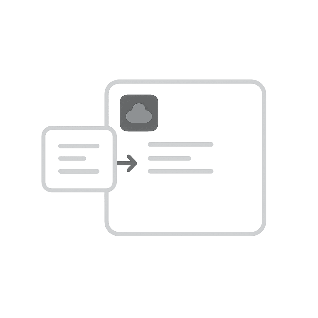 Illustration eines Dateiupload-Vorgangs mit einem kleinen Textfenster links, einem größeren Dokumentfenster rechts und einem Cloud-Symbol. Ein Pfeil zeigt den Transfer.