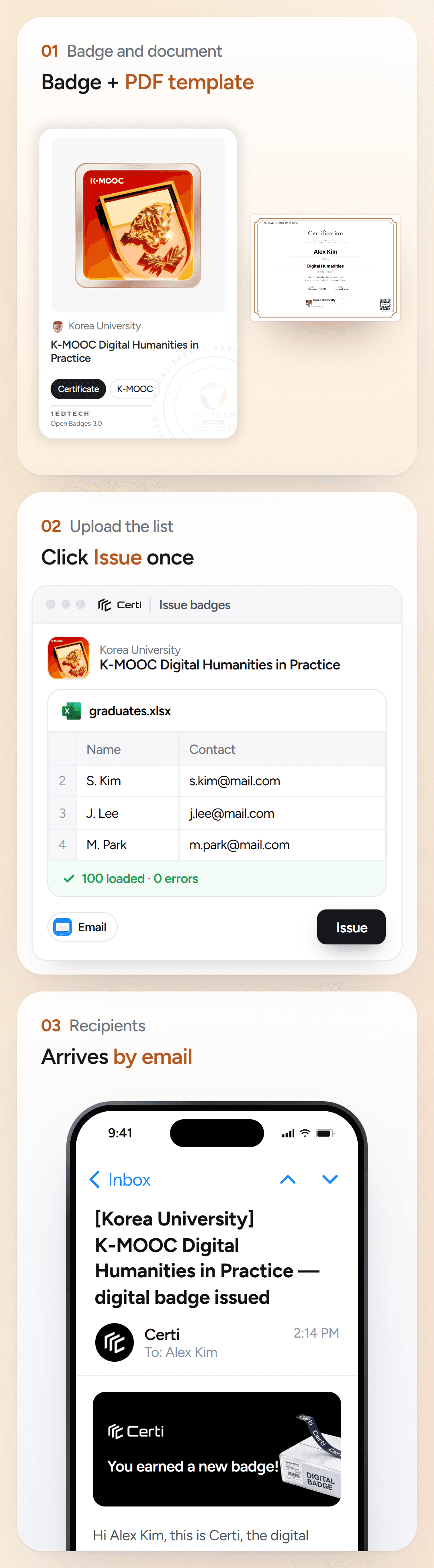 Three steps on Certi. Set the Korea University K-MOOC Digital Humanities in Practice badge and PDF certificate template, upload the graduate spreadsheet in the Certi issuing screen and click Issue, and the digital badge arrives by email
