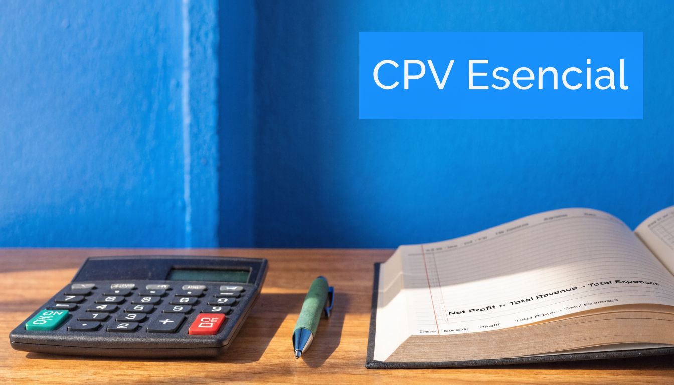 Calculadora, bolígrafo y un cuaderno abierto sobre una mesa de madera con texto sobre beneficios financieros.