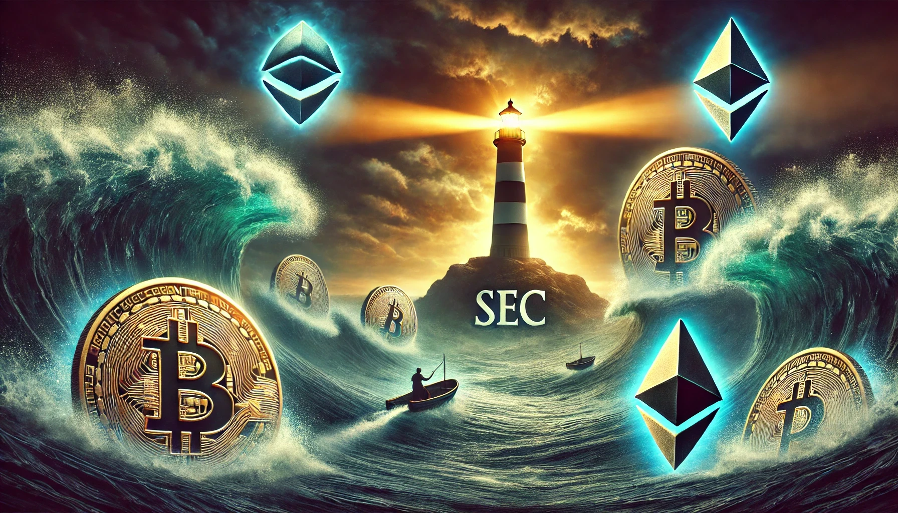 An artistic representation of a turbulent sea with cryptocurrency symbols riding the waves, symbolizing market volatility. In the background, a lighthouse with the SEC emblem shines a guiding light, representing regulatory oversight.