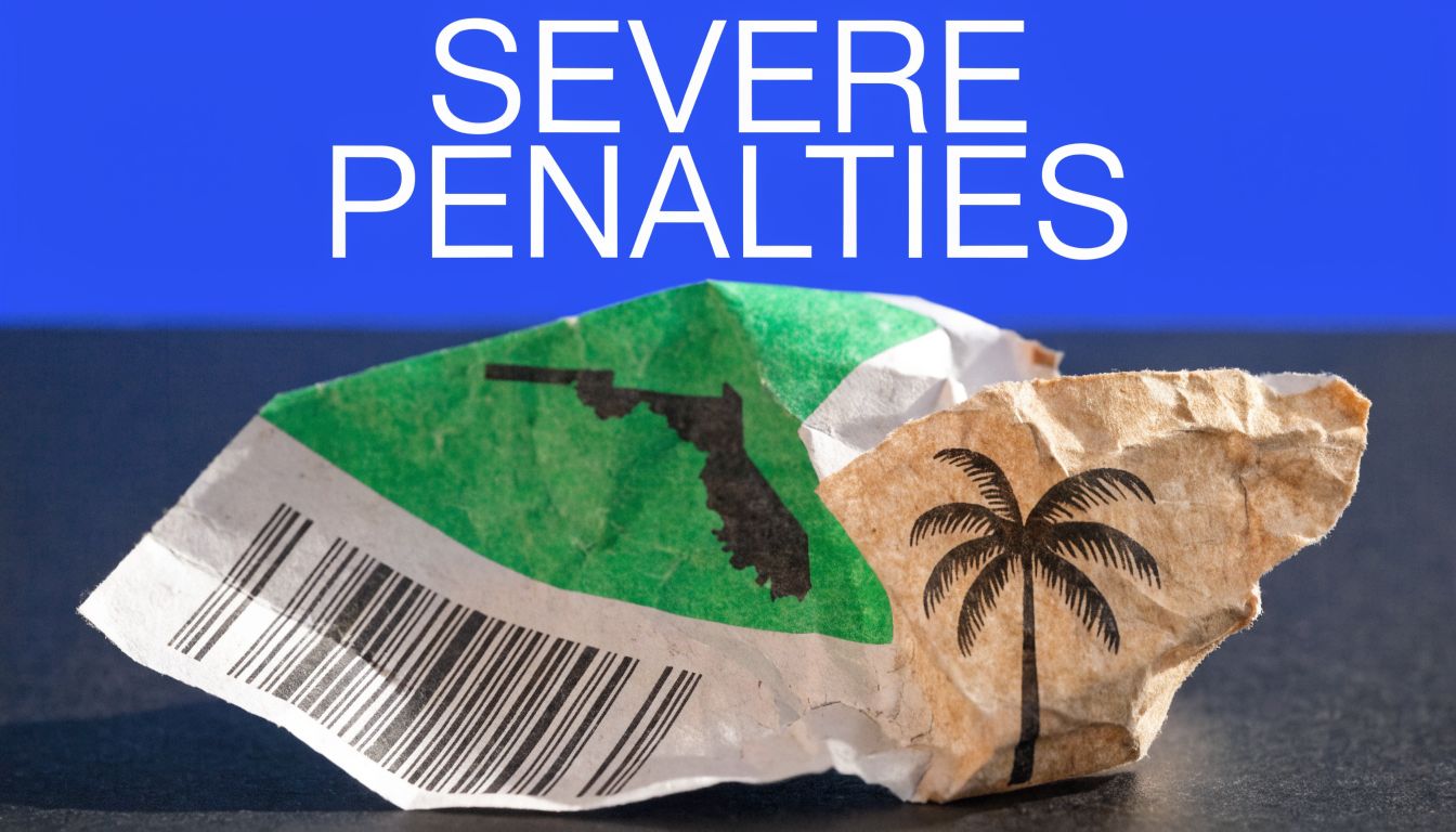 A crumpled paper featuring a silhouette of Florida and a palm tree next to a barcode.