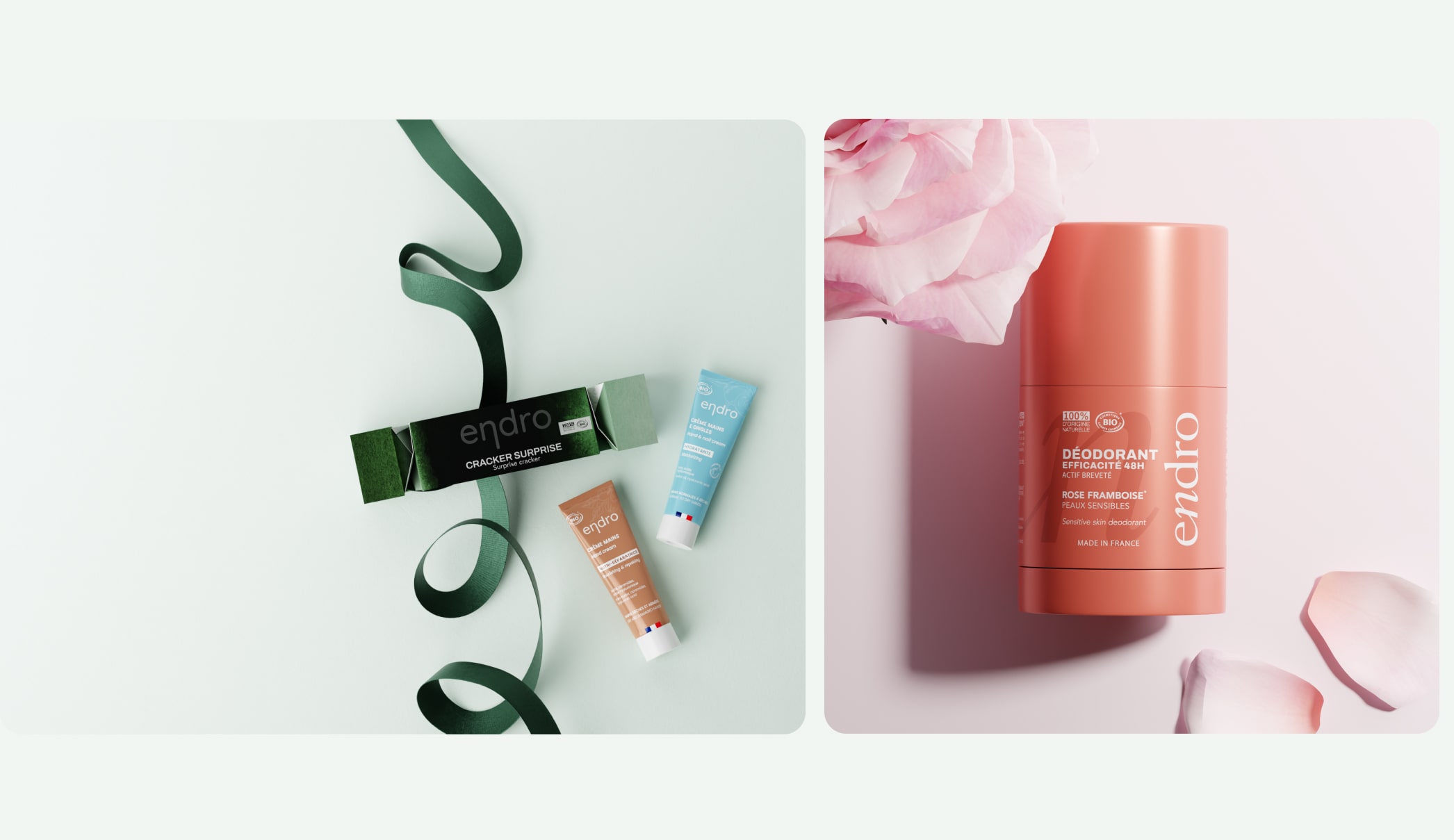 Digital Twins-based product photography. Endro Cosmetics products in minimalistic green Christmas setting and with roses for Valentine's day.