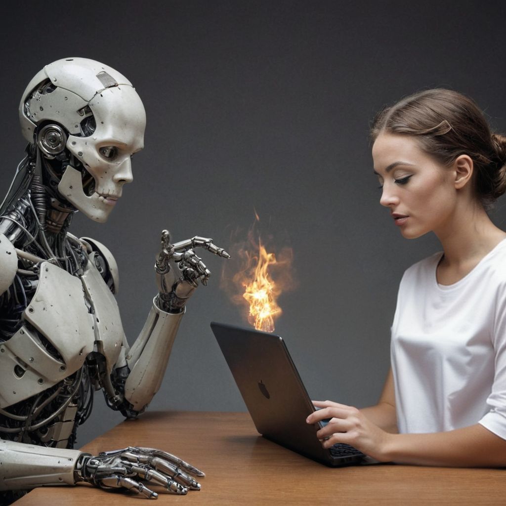 women vs robot sat on opposite sides of a table