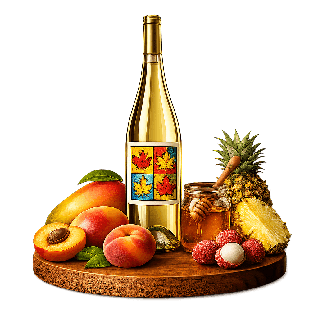 Artistic label and flavor profile for Canadian Icewine on a rustic wooden table.