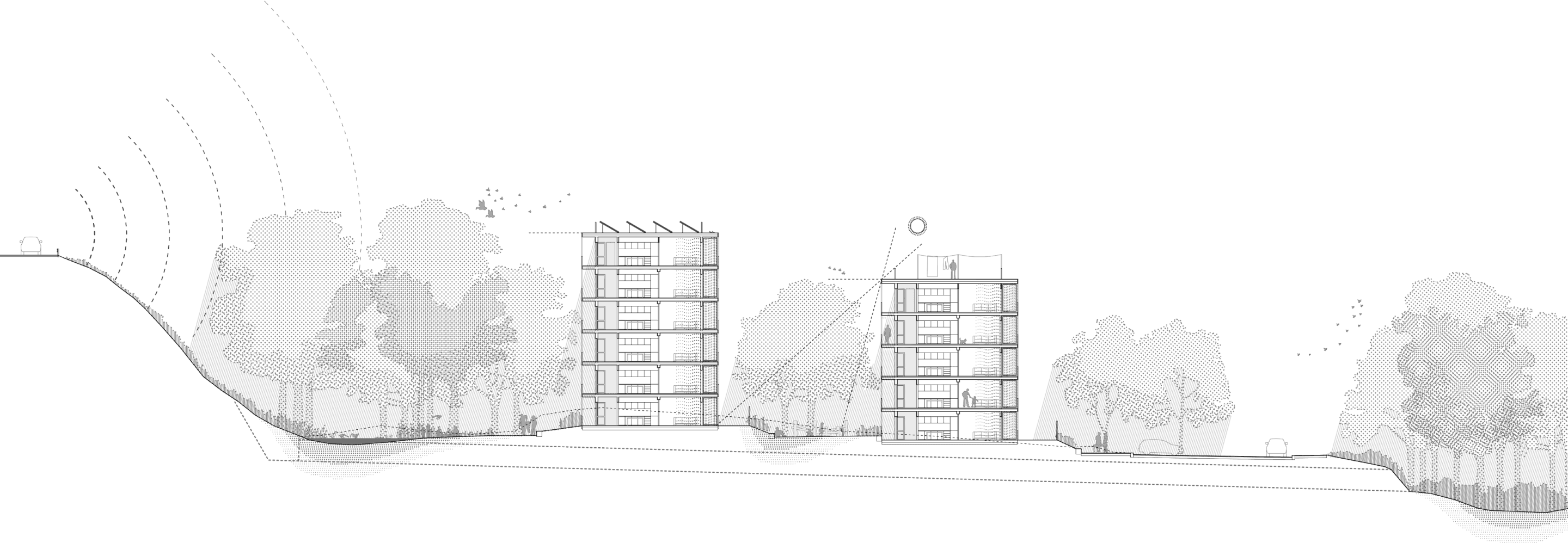 Implantación de la edificación con franja de infiltración y defensa de la C-31 y escalonamiento para mejorar el asoleo y las vistas hacia el mar