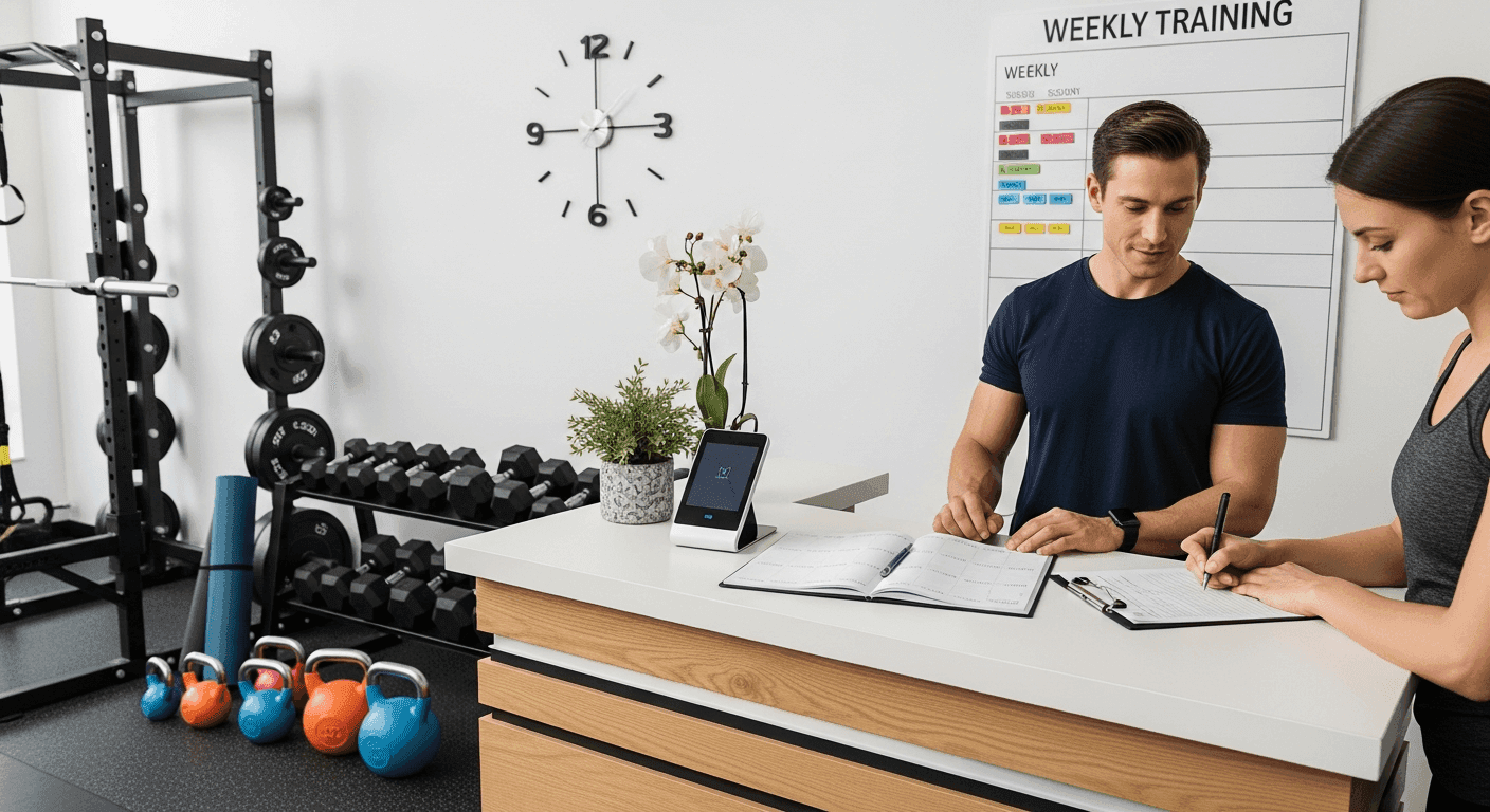A personal trainer helping a client fill out scheduling and intake forms at the front desk of a fitness studio, illustrating a clear and frictionless booking flow for personal trainers that increases consultation calls and paid sessions.