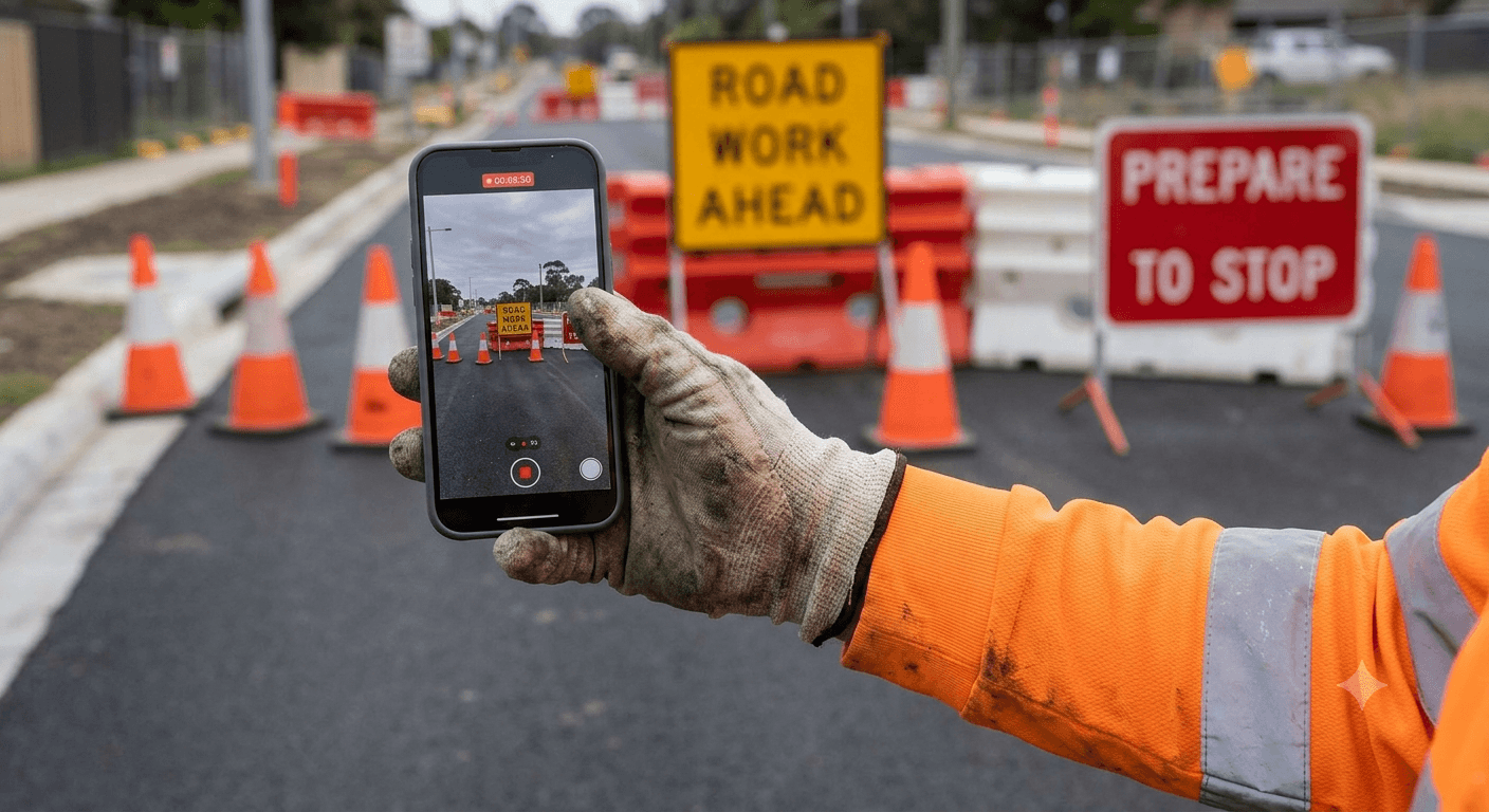A close-up, realistic photo of a construction worker's hand in a work glove holding a smartphone, recording a video walkthrough of a traffic management site with cones and signage visible in the background, slightly blurred. Phone screen shows a red recording indicator.