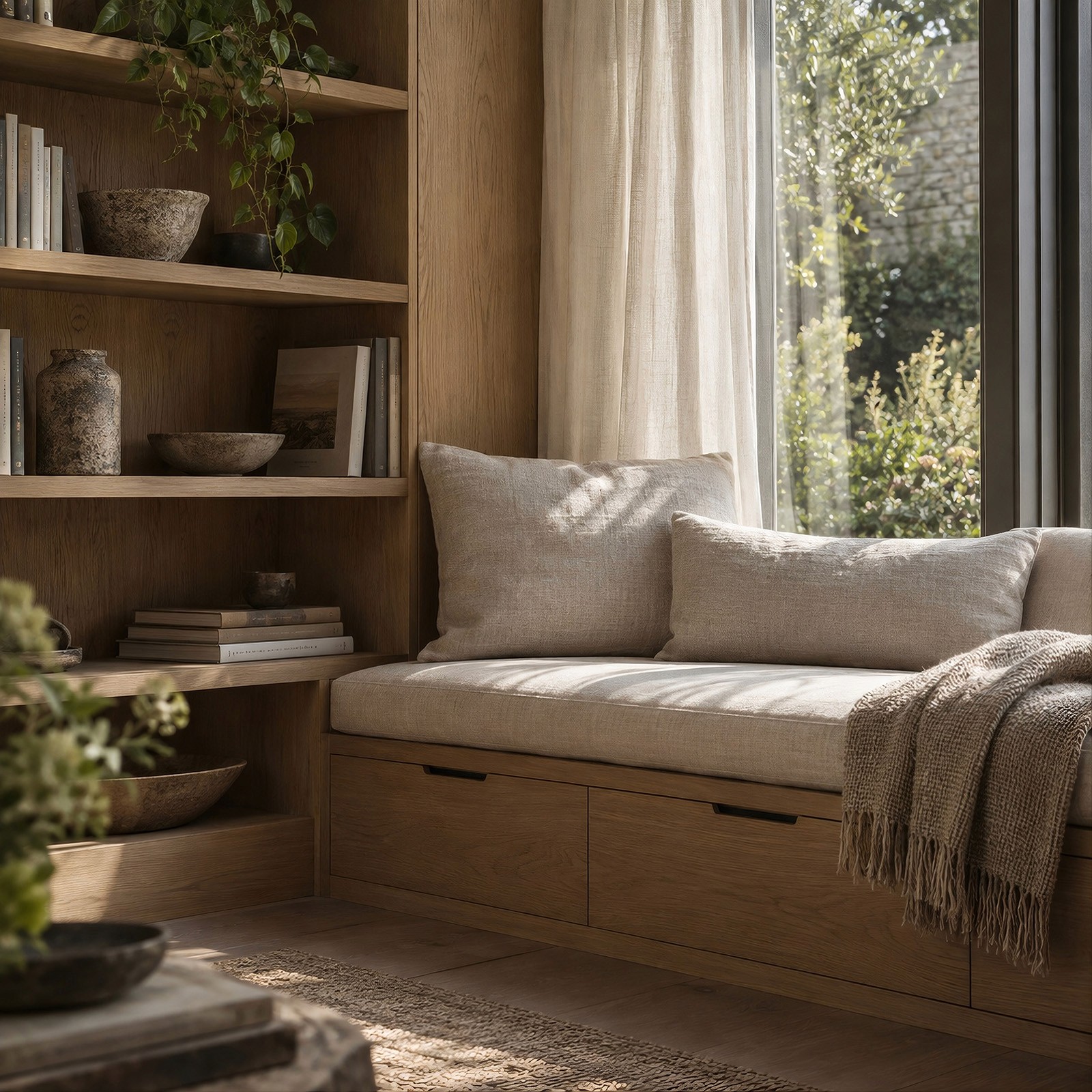 Sunlit wooden built-in window seat with beige linen cushions, throw pillows, and adjacent open shelving filled with books and ceramics.