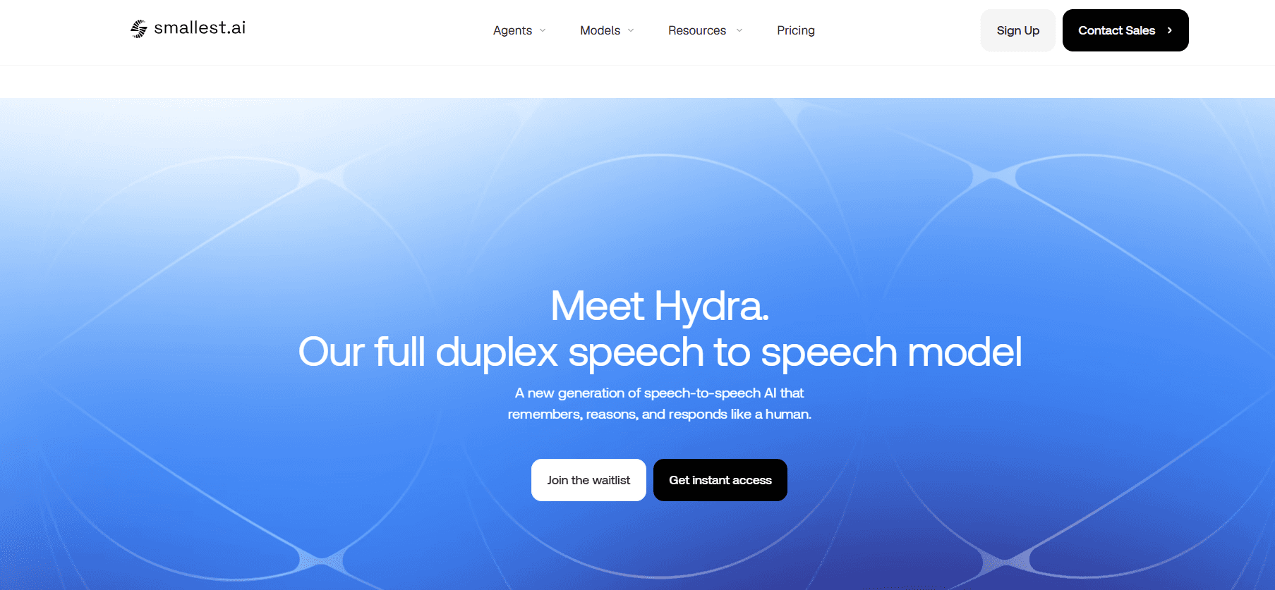 Smallest.ai website hero section introducing Hydra, a full-duplex speech-to-speech AI model designed to remember, reason, and respond like a human, with options to join the waitlist or get instant access.