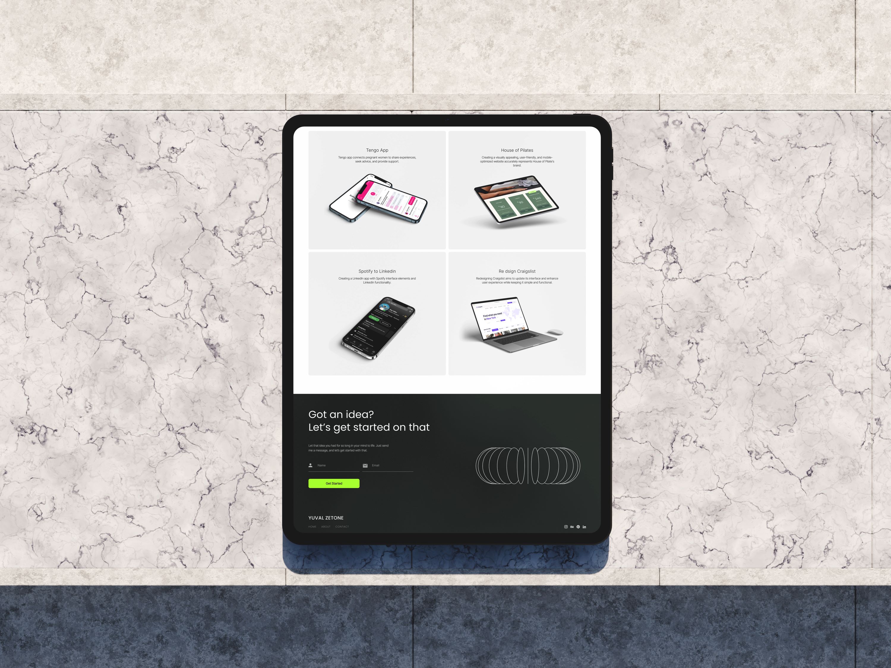 A screenshot of yuval projects and footer on ipad