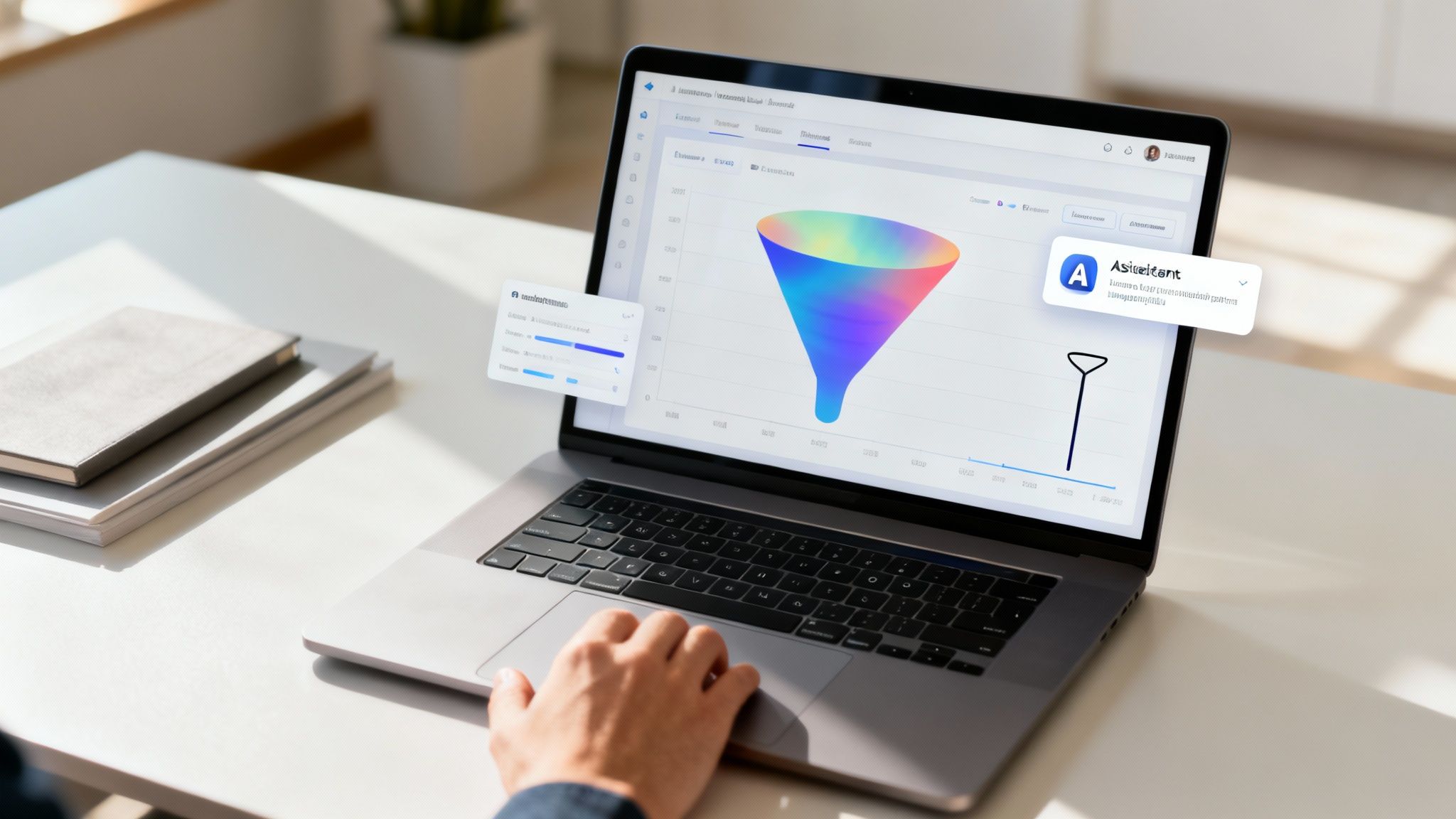 A person's hand uses a laptop displaying a colorful sales funnel data dashboard for business analytics.