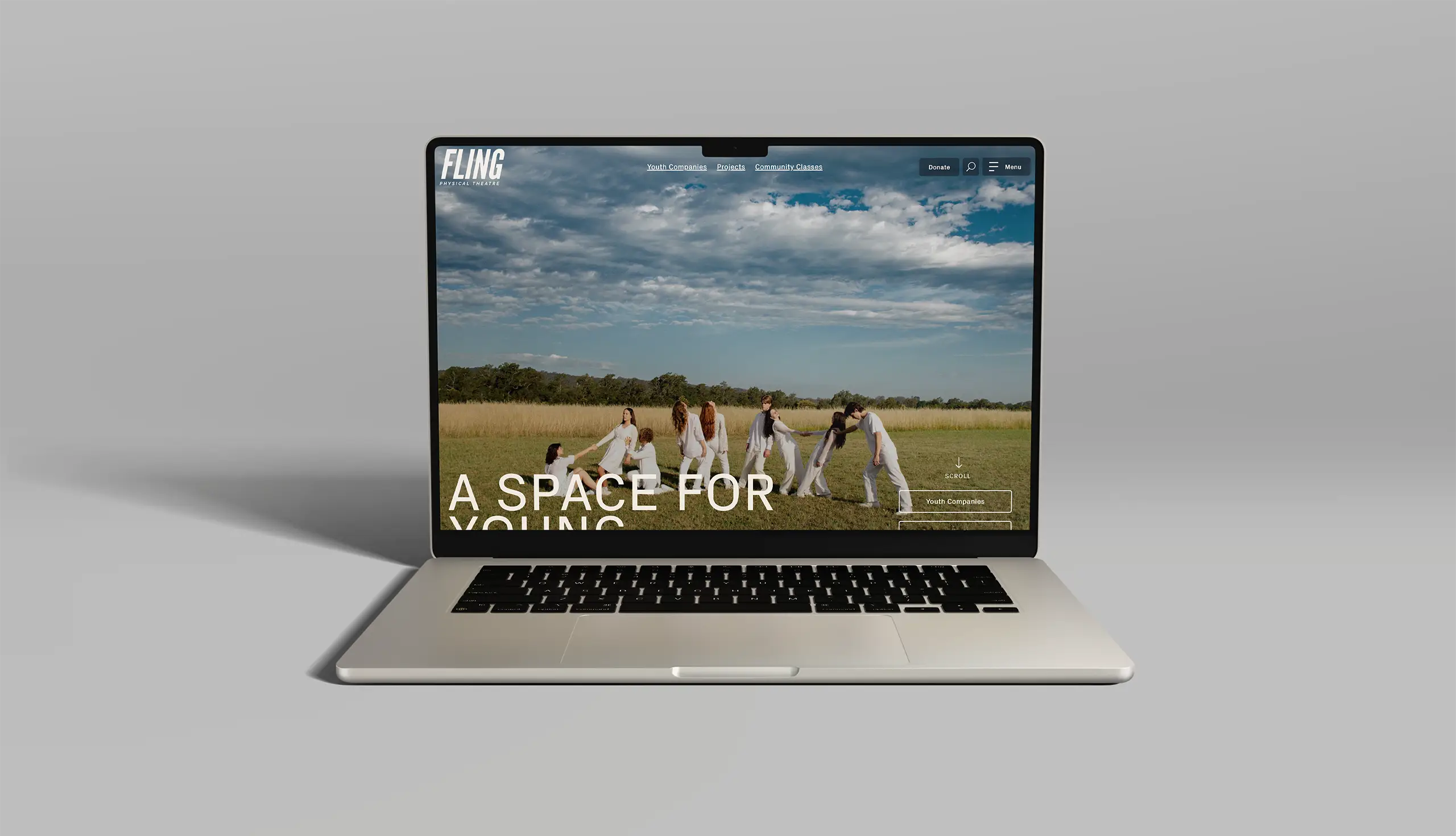 Fling Physical Theatre website design displaying homepage and style guide design.