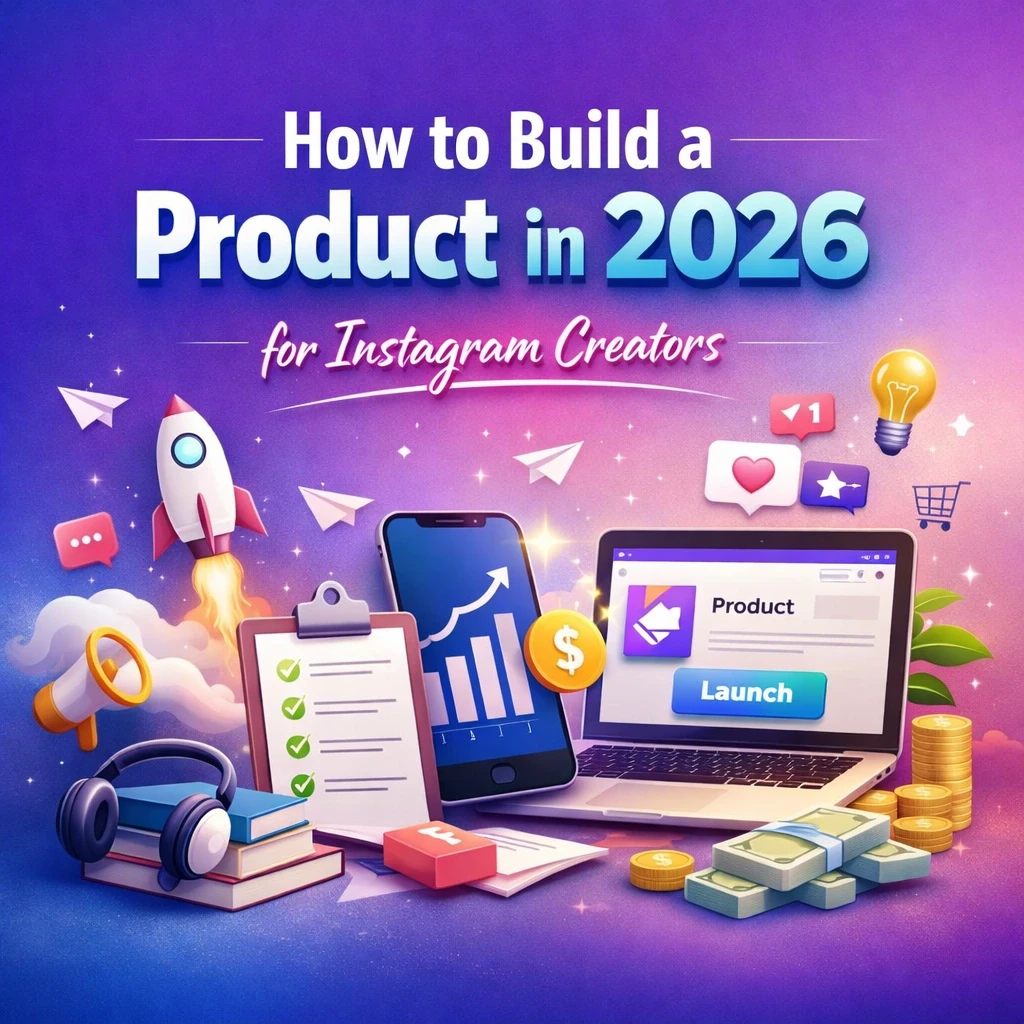 Illustration showing a smartphone, laptop with a product launch screen, growth charts, rocket, and social media icons representing how Instagram creators can build and launch a product in 2026.