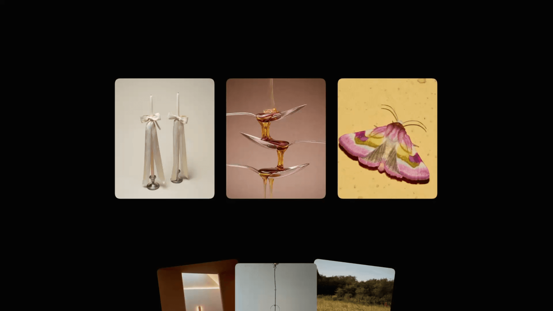 Artistic photography grid with candles, honey, and moth