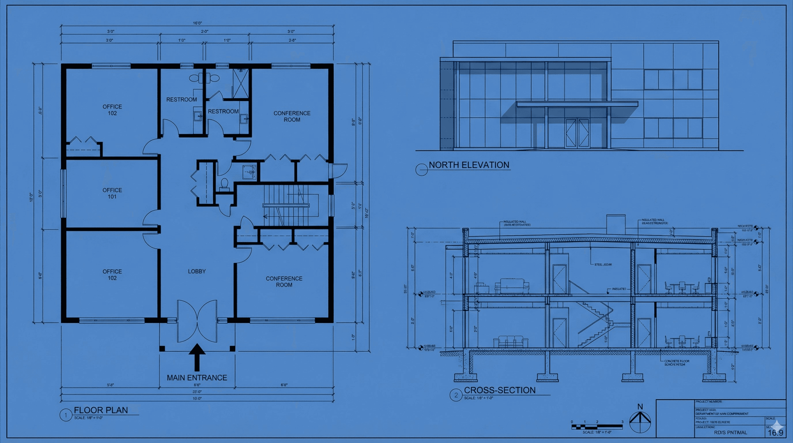 "Create an orthographic blueprint that describes this building in plan, elevation, and section. Label the 'North Elevation' and 'Main Entrance' clearly in technical architectural font. Format 16:9."