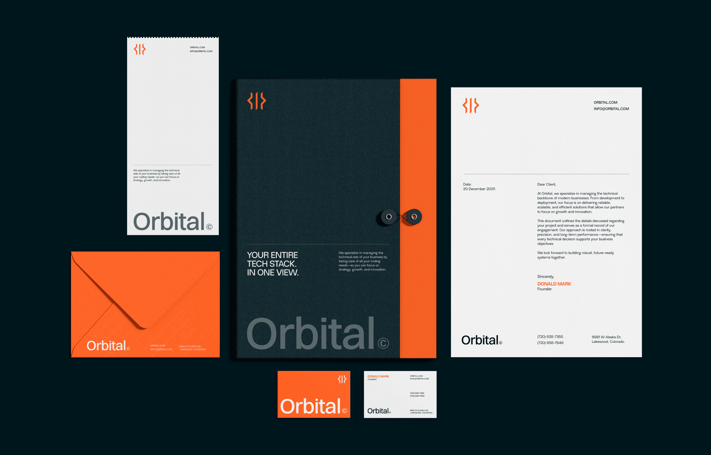 Orbital brand stationery including letter head, business card & envelope