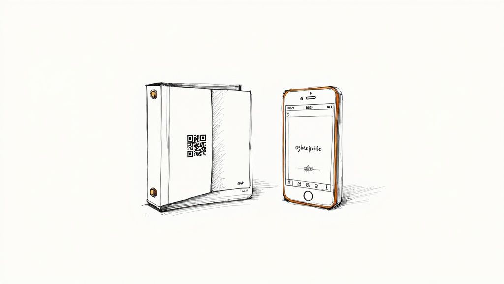 A QR code on a small stand next to a welcome note in a bright entryway.