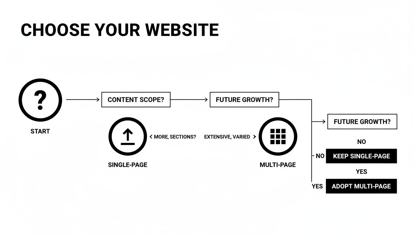 A flowchart guiding the choice between single-page and multi-page website design.