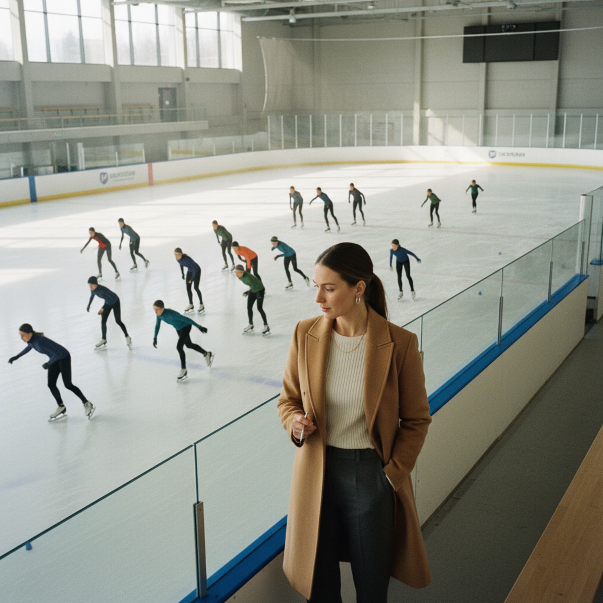 Von der Tribüne aus blickt eine Managerin über die glatte Eisfläche, in der Hand ein Notizblock. Unten zieht eine Trainingsgruppe gleichmäßige Runden. Das Umfeld ist klar strukturiert, die Atmosphäre konzentriert und professionell.