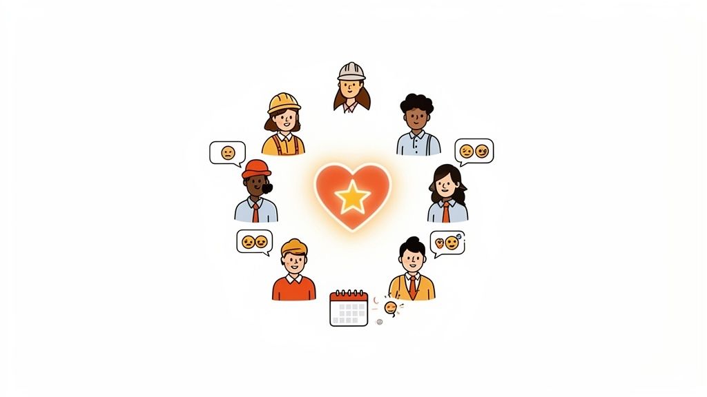 Diverse group of professionals surrounding a glowing heart with a star, showing various emotions and community.