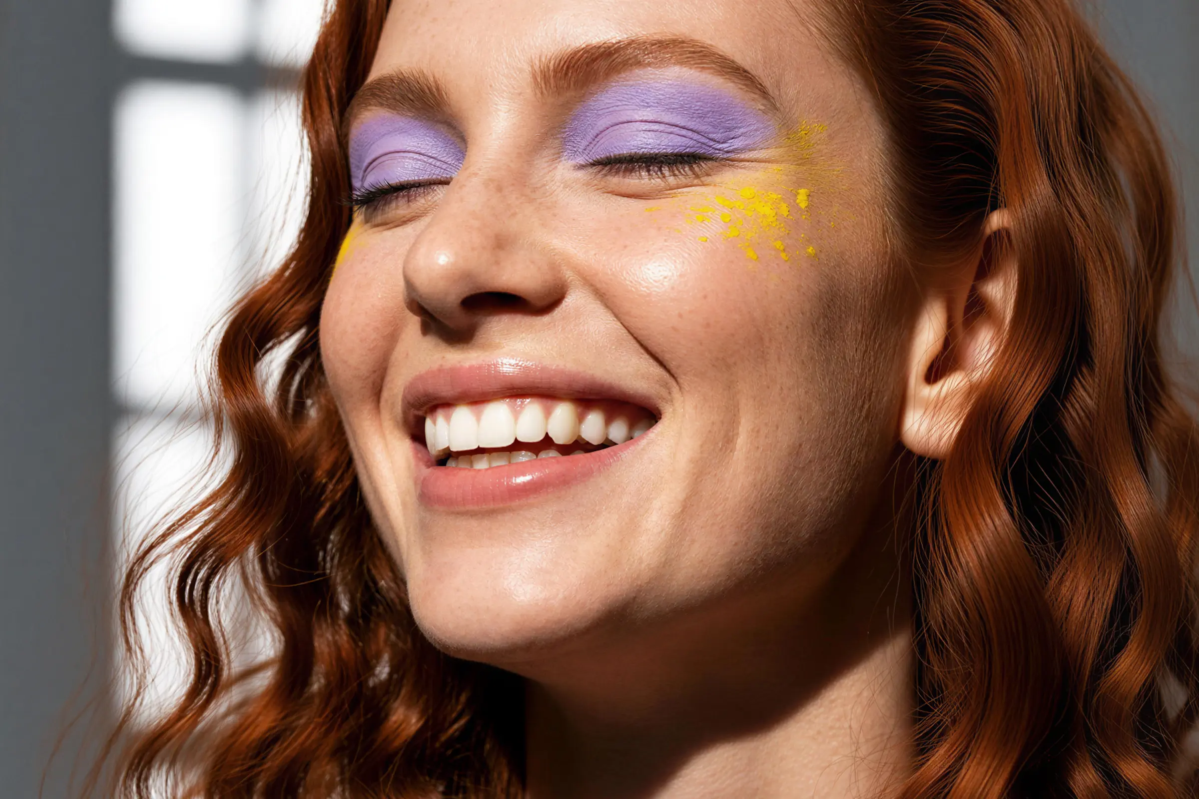 Woman with curly hair and colorful eye makeup smiling in warm lighting
