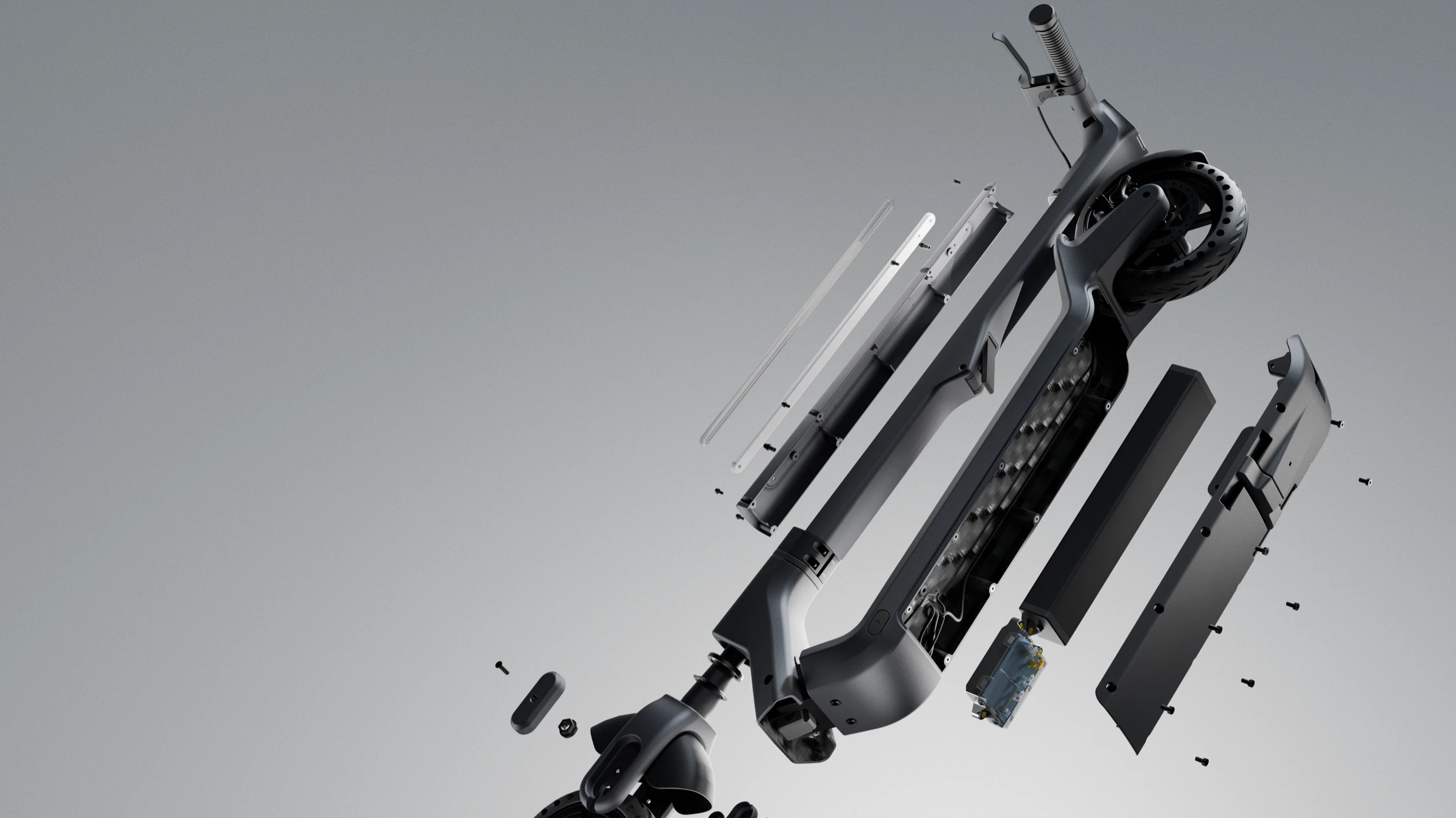 Exploded render of an electric scooter frame demonstrating product architecture, manufacturability, and component assembly.