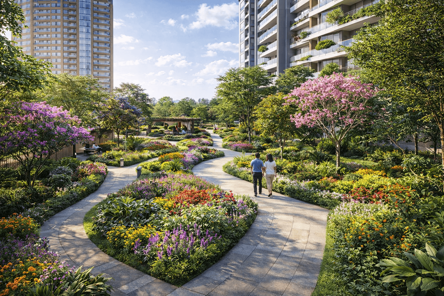landscaped garden pathways in gated community Gurugram