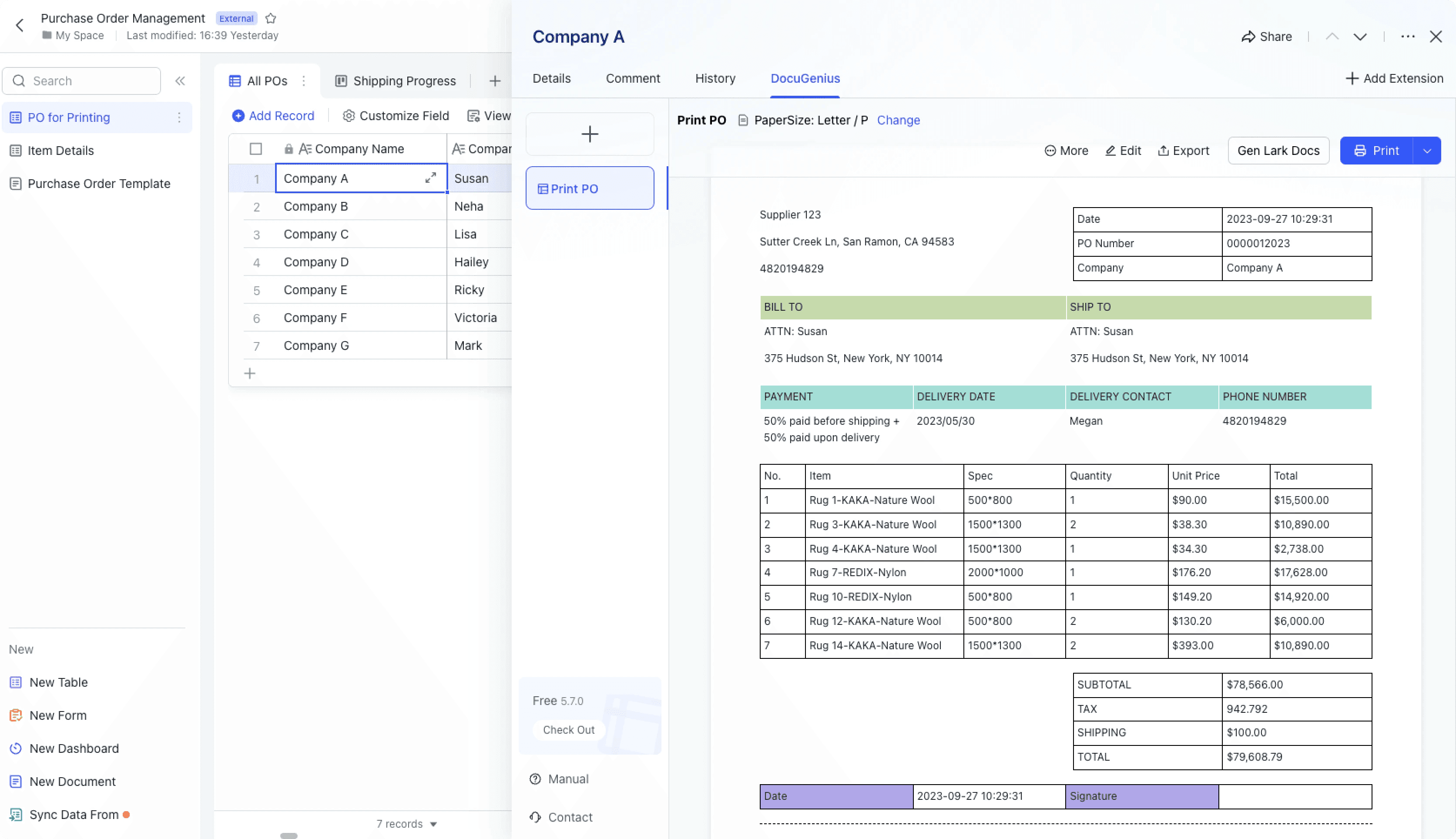 By using extensions, Lark Base can be used to generate any kind of paperwork you need for your finance processes, including but not limited to purchase orders, invoices, and more, saving you budget and time using advanced finance software when your business is still growing.