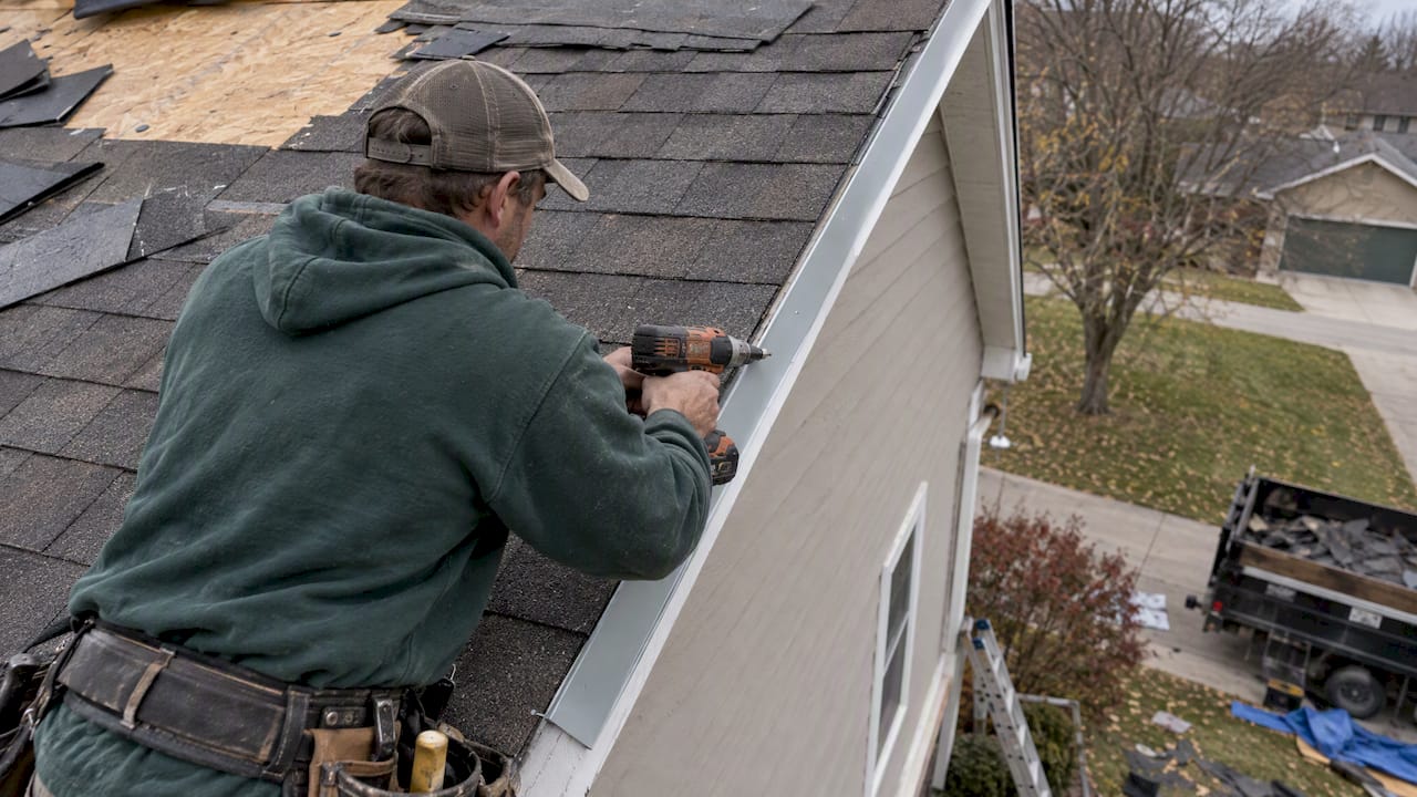 Roofer fastening drip edge along a shingle roof
