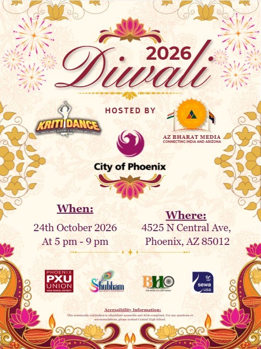 Phoenix Diwali 2026, hosted by the Phoenix Human Relations Commission and community partners. Event details: October 24, 2026, 5–9 PM, at 4525 N Central Ave, Phoenix, AZ 85012.