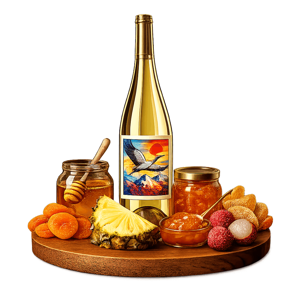 Artistic label and flavor profile for Chinese Ice Wine on a rustic wooden table.