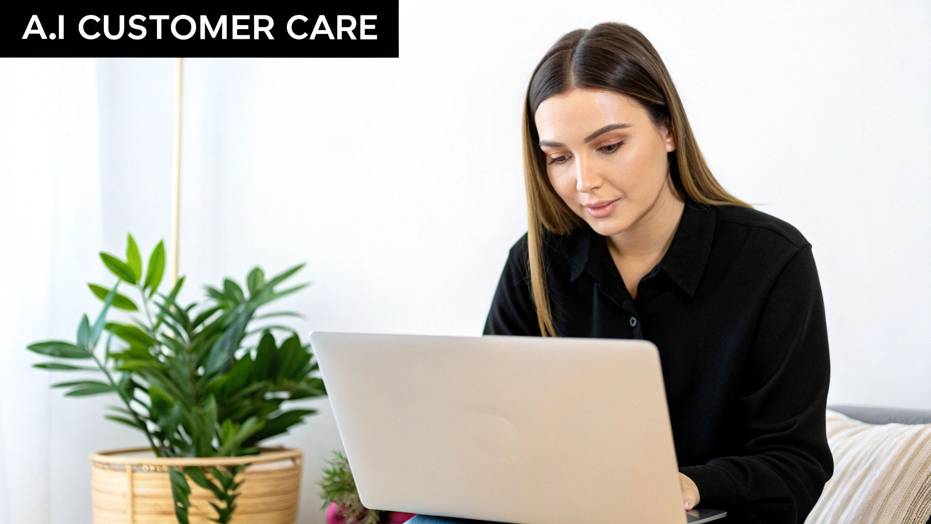 A woman in a black shirt focuses on her laptop screen, with 'A.I CUSTOMER CARE' text overhead.