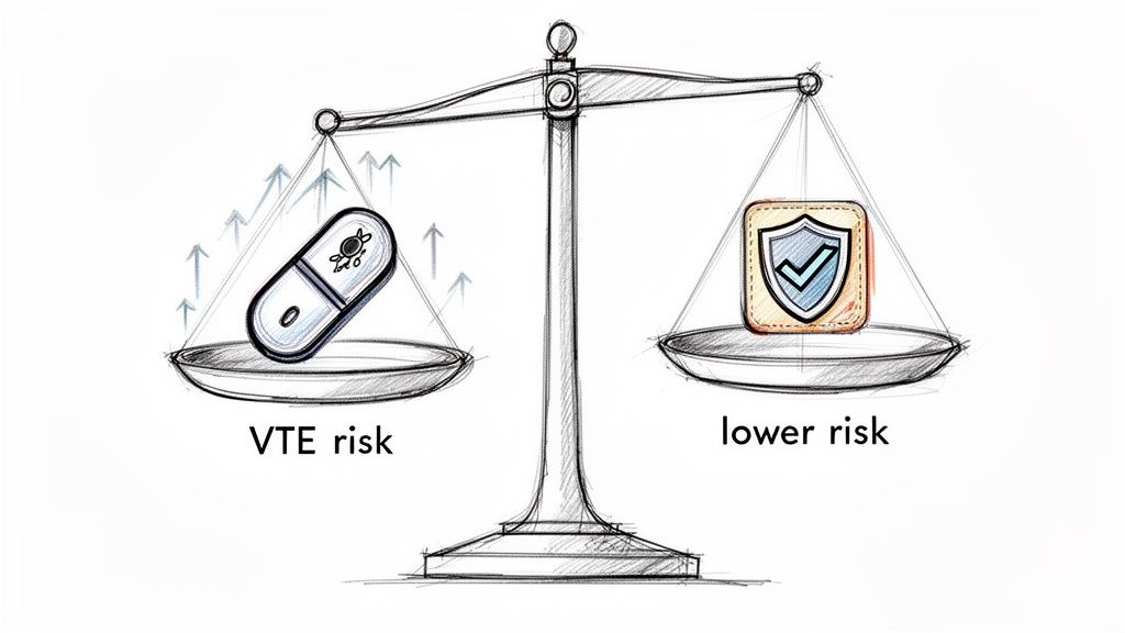 Balance scale illustrating an estradiol pill increasing VTE risk versus a protective shield for lower risk.
