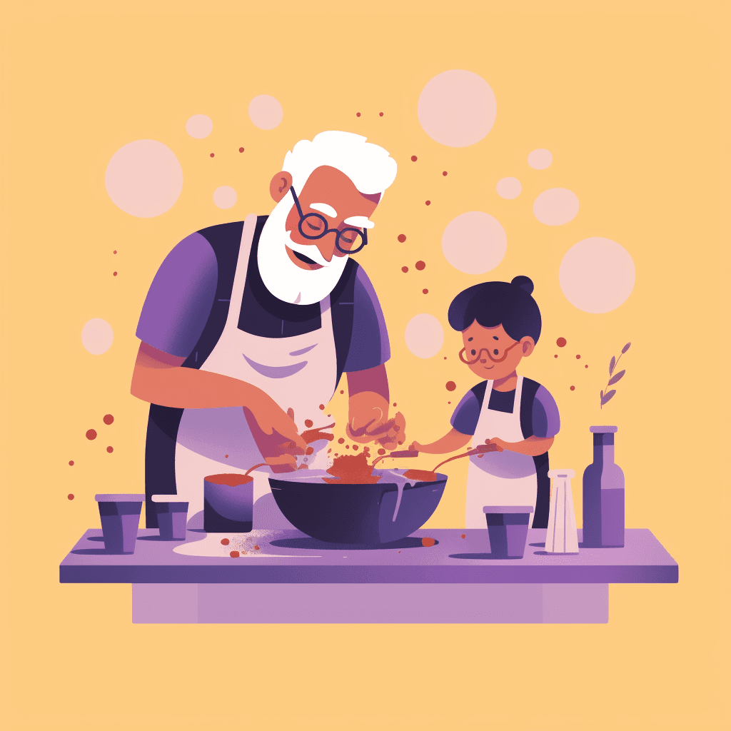 An endearing scene of an elderly man and a young child cooking together.