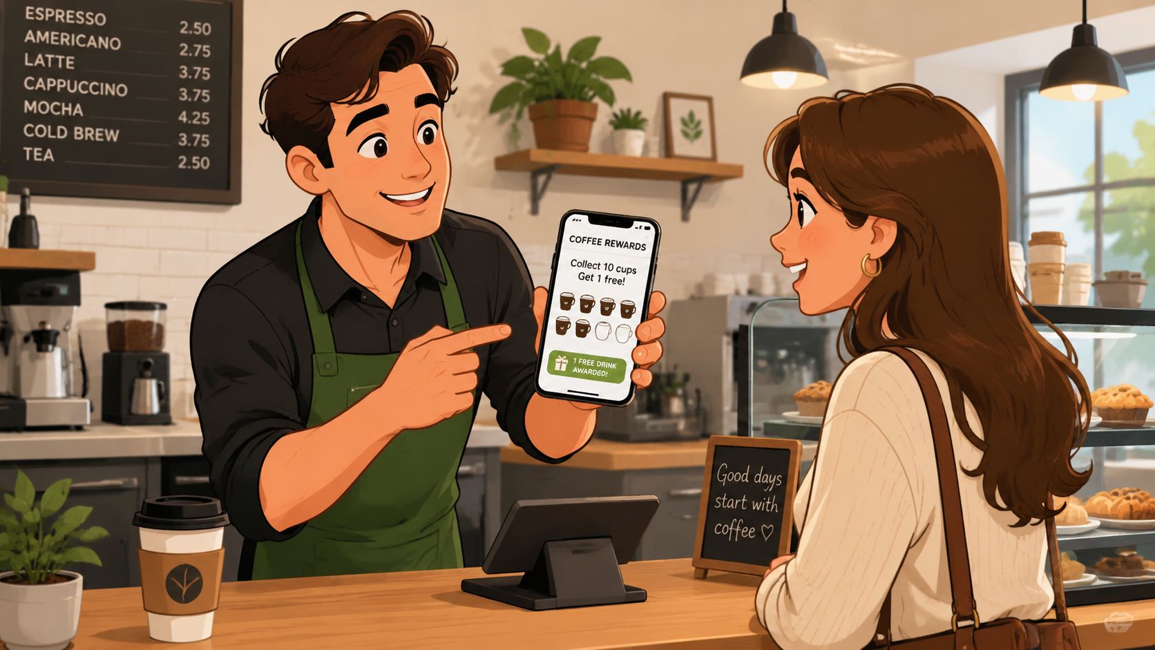 Ilustración de un barista mostrando un programa de lealtad en un smartphone a una clienta en una cafetería.