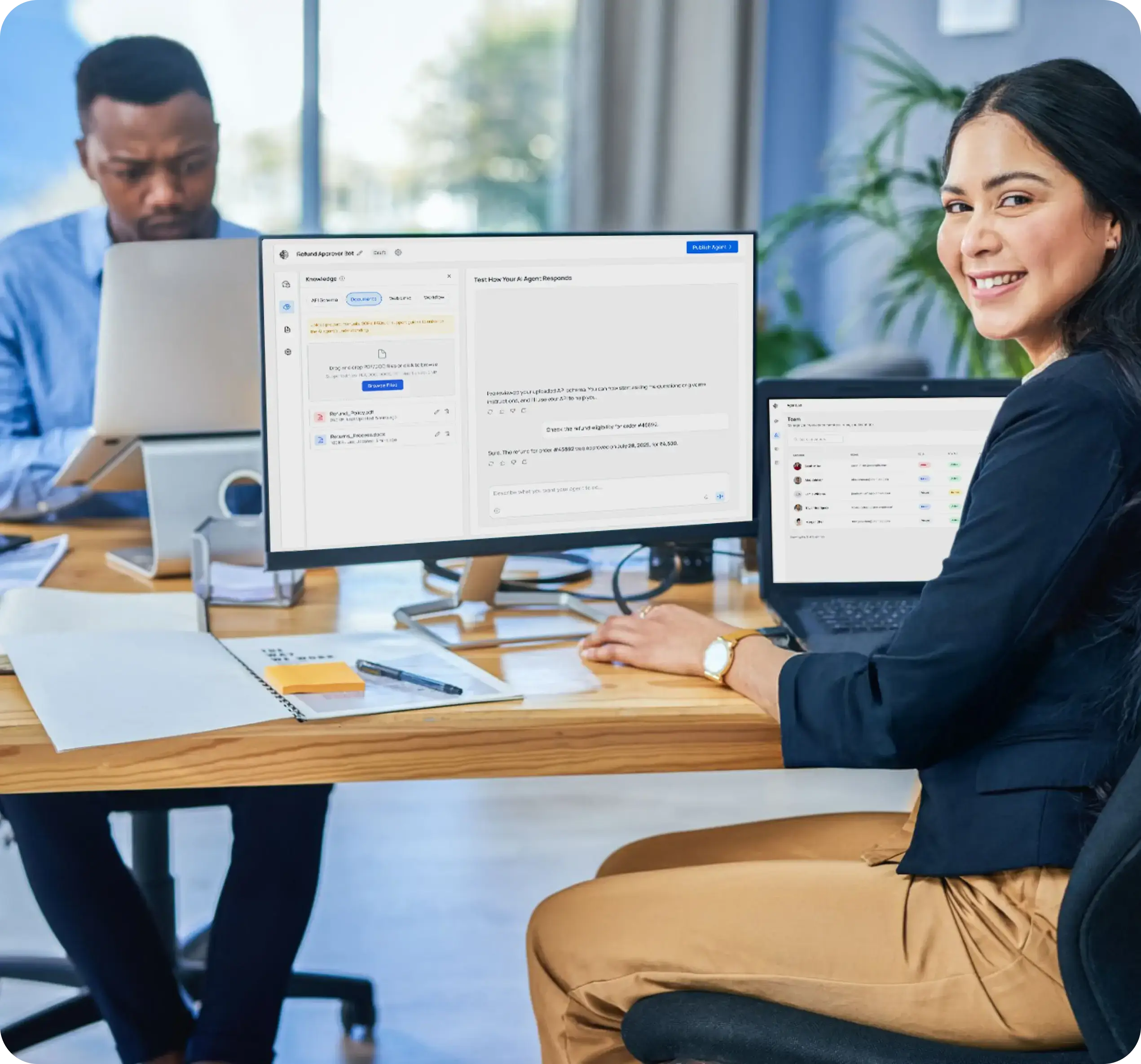 Team collaborating around an AI agent dashboard
