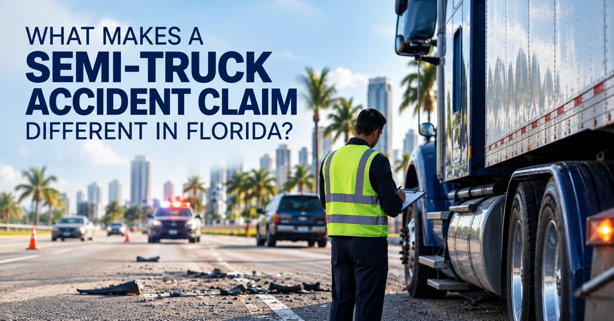 Semi-truck accident scene in Florida with an investigator inspecting a commercial truck.