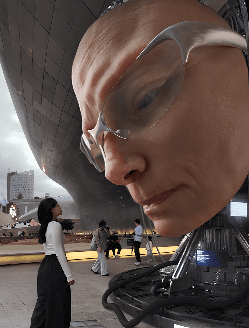 Close-up renders of a giant robotic head with metallic glasses and exposed wiring at dusk