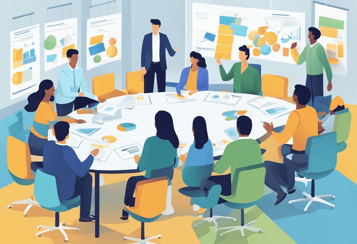 A group of employees engaged in team-building activities, with a focus on communication and collaboration. A manager is leading the session, while others are actively participating